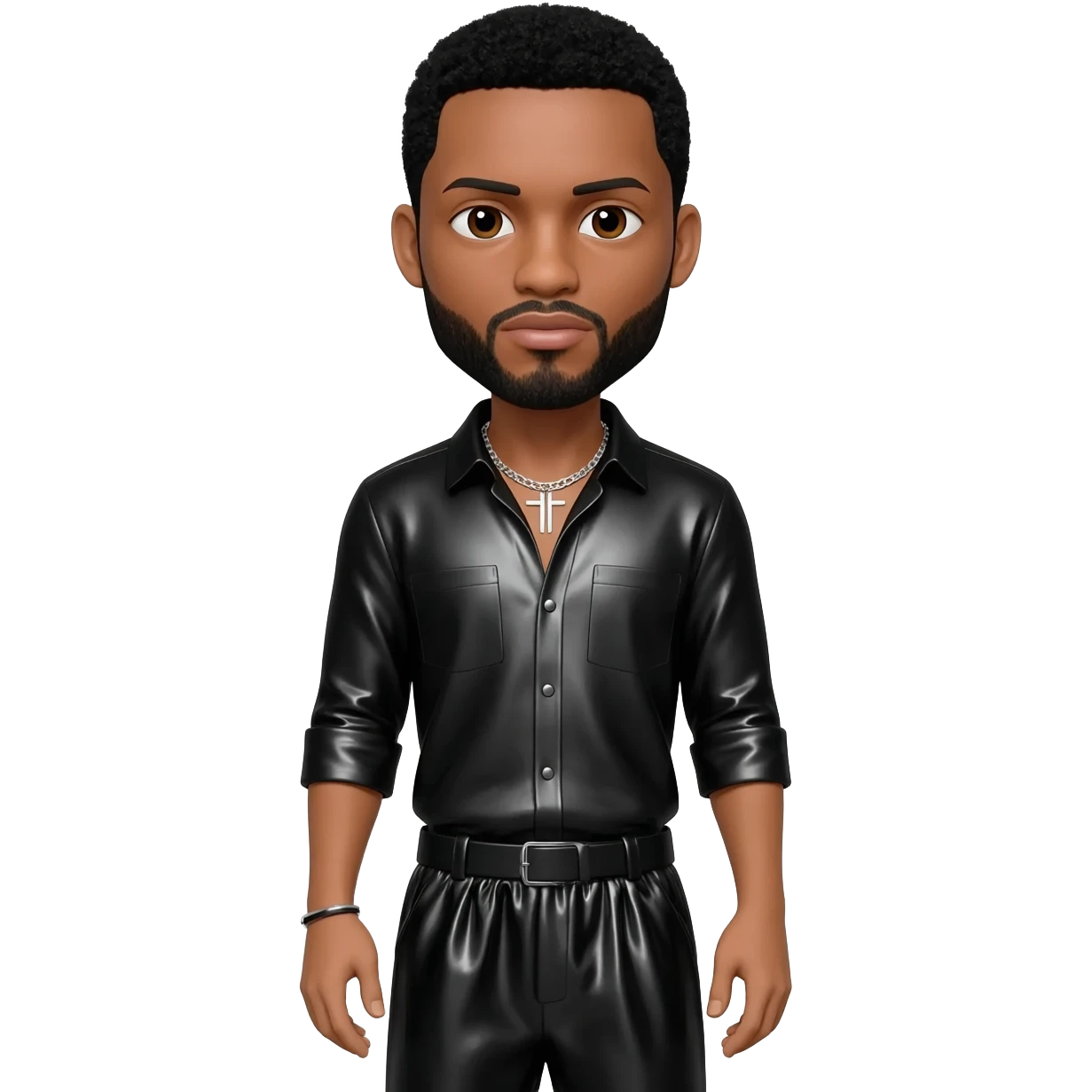 Gerald Levert with dark brown eyes, black short hair and short beard, black metallic shirt, black metallic baggy pants, silver necklace emoji
