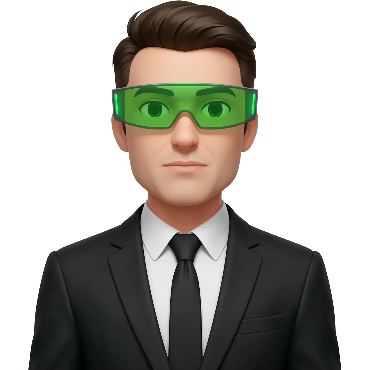 portrait of a man in a suit wearing futuristic green glasses emoji