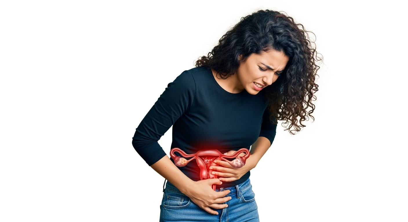 donna a figura intera con utero umano realistico in 3d in evidenza dolorante, espressione di dolore in volto, sfondo bianco, non farla computerizzata, ma iperrealistica 4k, sfondo bianco emoji