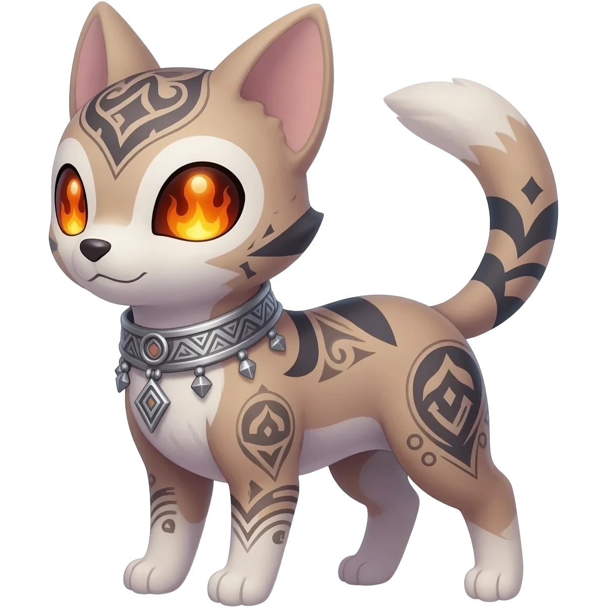 Rare pastel exotic cute epic aesthetic gothic colorful Salandit-Litten-Furfrou-Houndour-Civet-species-Fakemon-hybrid-creature, with a collar, and with intricate tribal markings, full body emoji