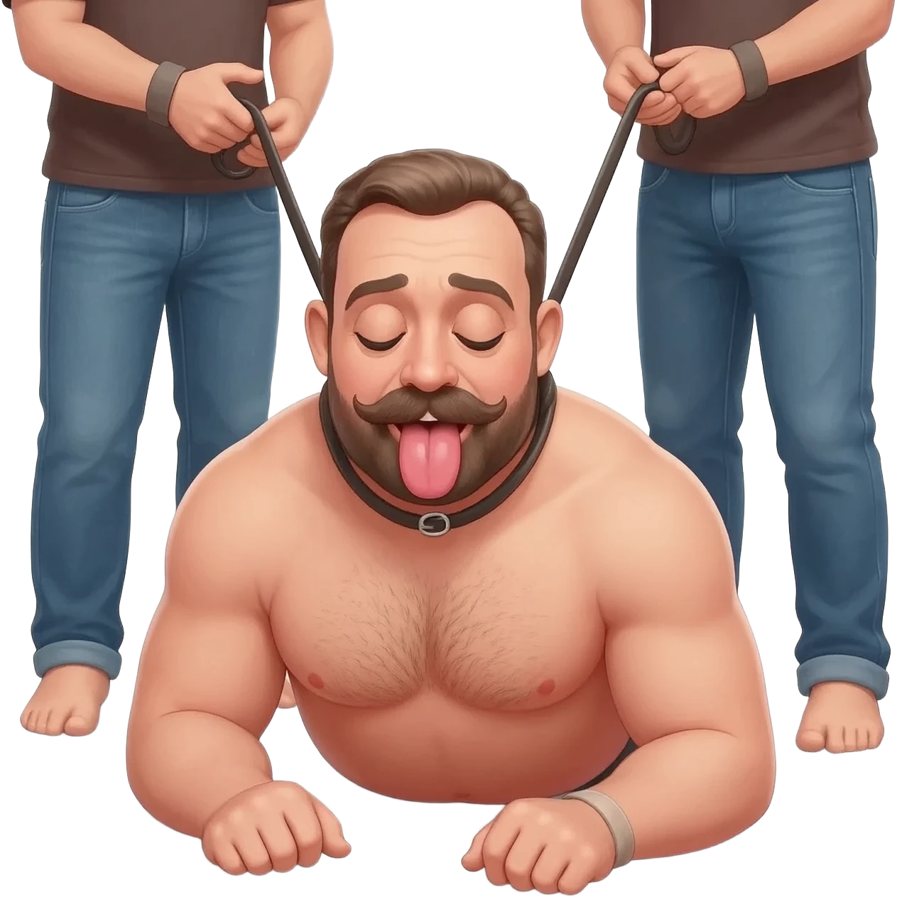 Bald stocky 35 year old man with his tongue out on his knees with mustache and beard in underwear and slightly hairy chest in a collar and leash controlled by 2 taller men in jeans emoji