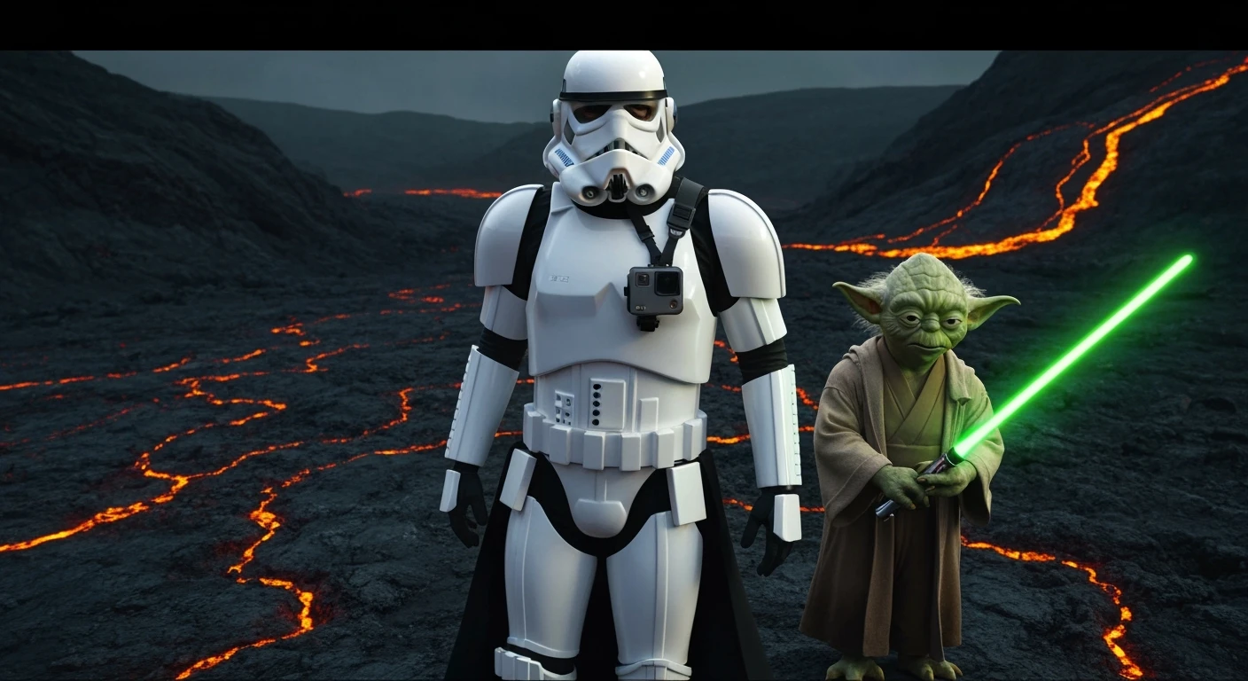 Cinematic still, Shot on vlog camera, Starwars stormtroopers vlogging , he is walking on lava planet with yoda emoji