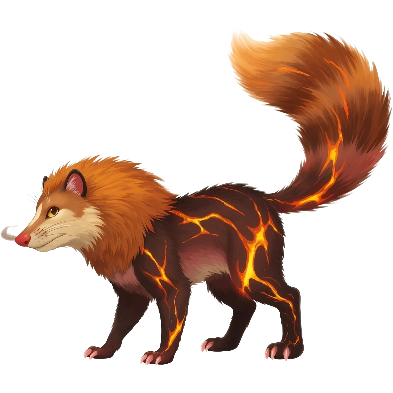 Hyper realistic  ember-rust copper fur molten with glowing magma seams and smoky tips beautiful elegant pretty precious cute  Fakémon-Pokémon-opossum-feline-serval-caracal-chinchilla-Furret-Minccino-hybrid-creature with a big fluffy bushy tail (full body) emoji
