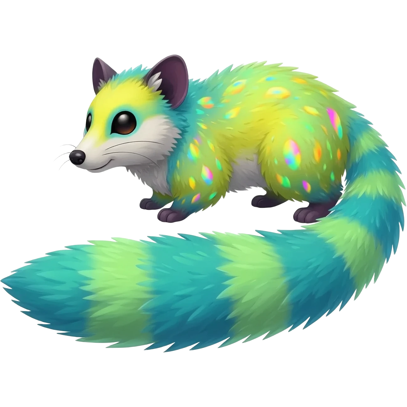  cute adorable yellow-green-turquoise-gradients albino fur with random colorful iridescent rainbow markings beautiful elegant pretty precious cute  Fakémon-Pokémon-opossum-feline-serval-caracal-chinchilla-Minccino-hybrid-creature with a big fluffy bushy striped tail (full body) emoji