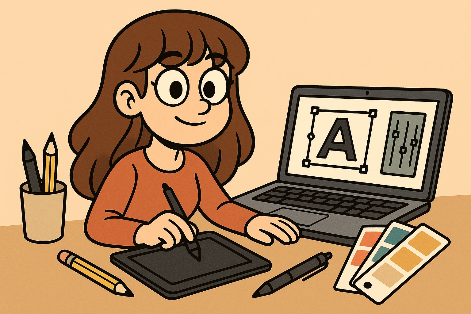 a girl graphic designer with long brown hair and bangs, brown eyes, surrounded by design tools, flat toon style emoji