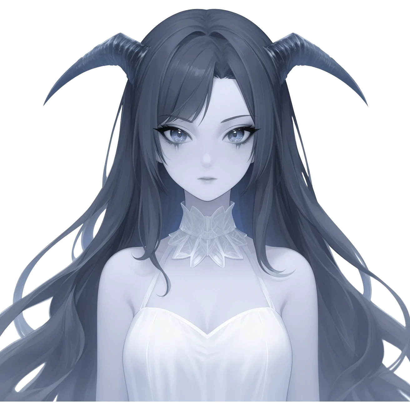 Beautiful ethereal Gorgeous Vampiric Edgy spectral dark greyish-blue whitish gloomy spectral Anime Poltergeist Lady  with a beautiful white dress emoji