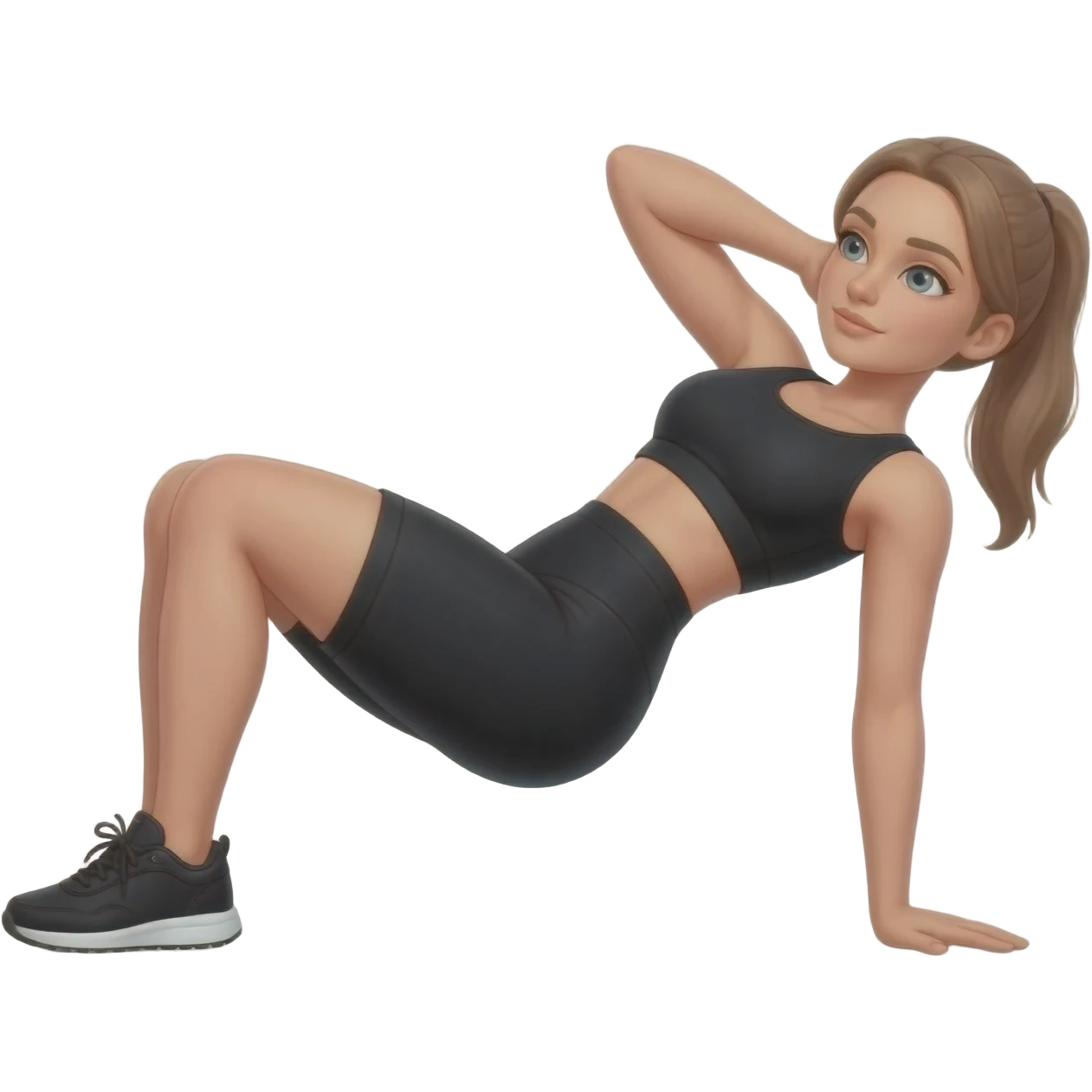 shoulder rolls, fair-skinned woman, light gray-blue eyes, ash brown brows, ash light brown hair tied back, slim athletic body, black workout set, black sneakers with white soles emoji