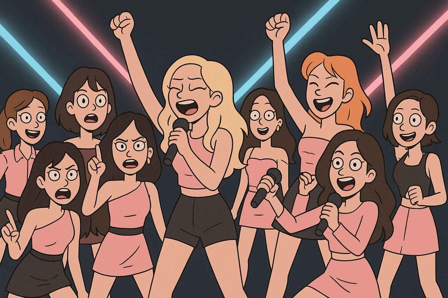 Twice concert scene, dynamic, neon lights, energetic, cartoon style emoji