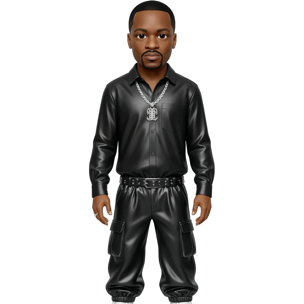 Dr Dre with black hair, black metallic shirt, black metallic baggy pants, silver necklace emoji