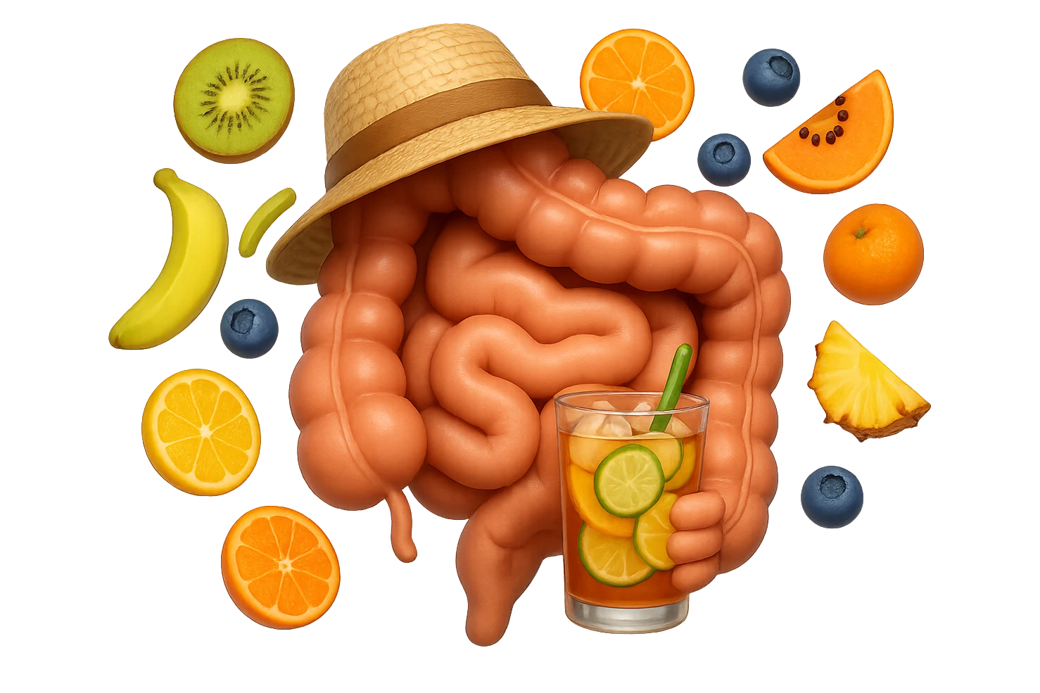 EMOJI STILE IPHONE DI INTESTINO UMANO REALISTICO CON CAPPELLO DI PAGLIA DA SPIAGGIA CHE BEVE UN Tè FREDDO IN BICCHIERE DI VETRO CON DENTRO  fette di cetriolo, limone, lime, DIETRO L'INTESTINO FLUTTUANO PEZZETTI DI Kiwi
Banana acerba
Arance e mandarini
Mirtilli
Ananas
Papaya
IPERREALISTICO 4K emoji