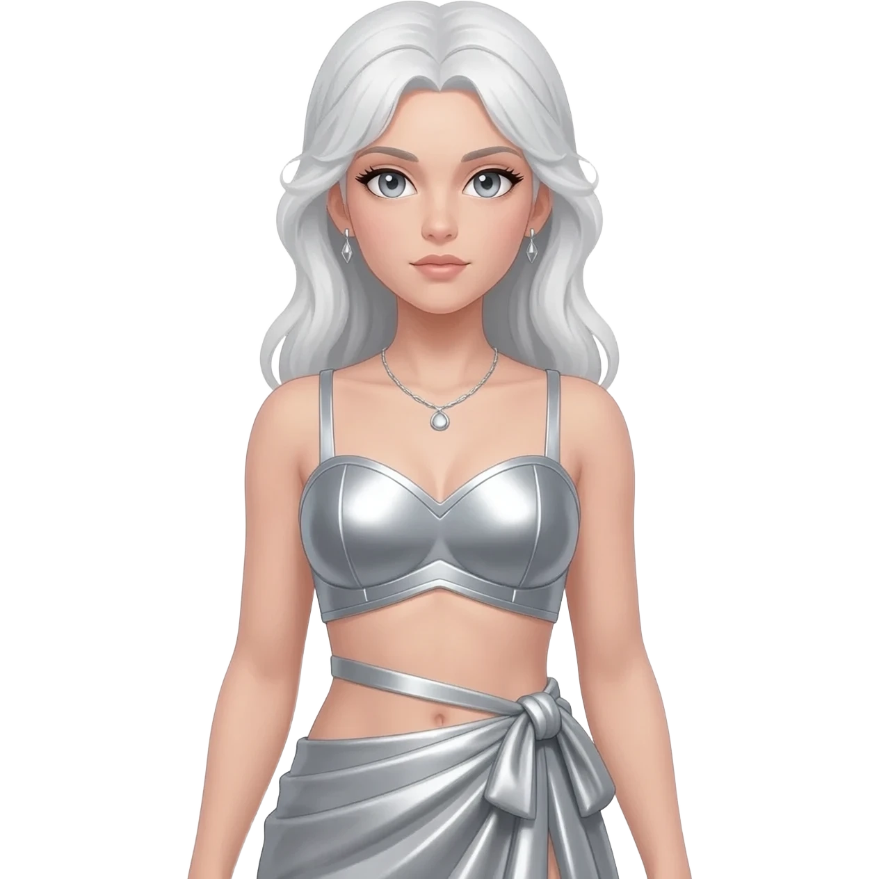 Artemis from Greek Mythology with grey eyes, long white hair, silver metallic sweetheart crop top, silver metallic wrap long skirt, silver necklace and earrings emoji