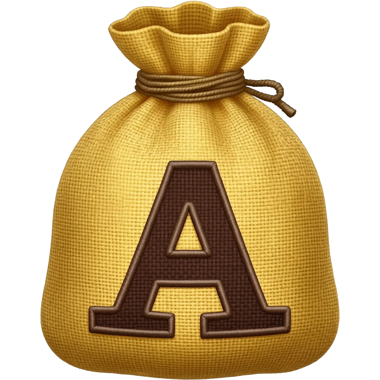 A bag of money but, it have a letter A in the place of the dollar symbol, don't use the $ symbol, just an A in that place, do de A letter in dark brown color and made it like embroidery, do it without money but do it with an A, no with $ emoji