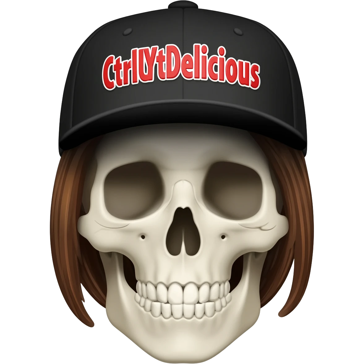 Create a skeleton head wearing a black baseball cap that says " CtrlAltDelicious " in Red, and white lettering, with brown hair emoji