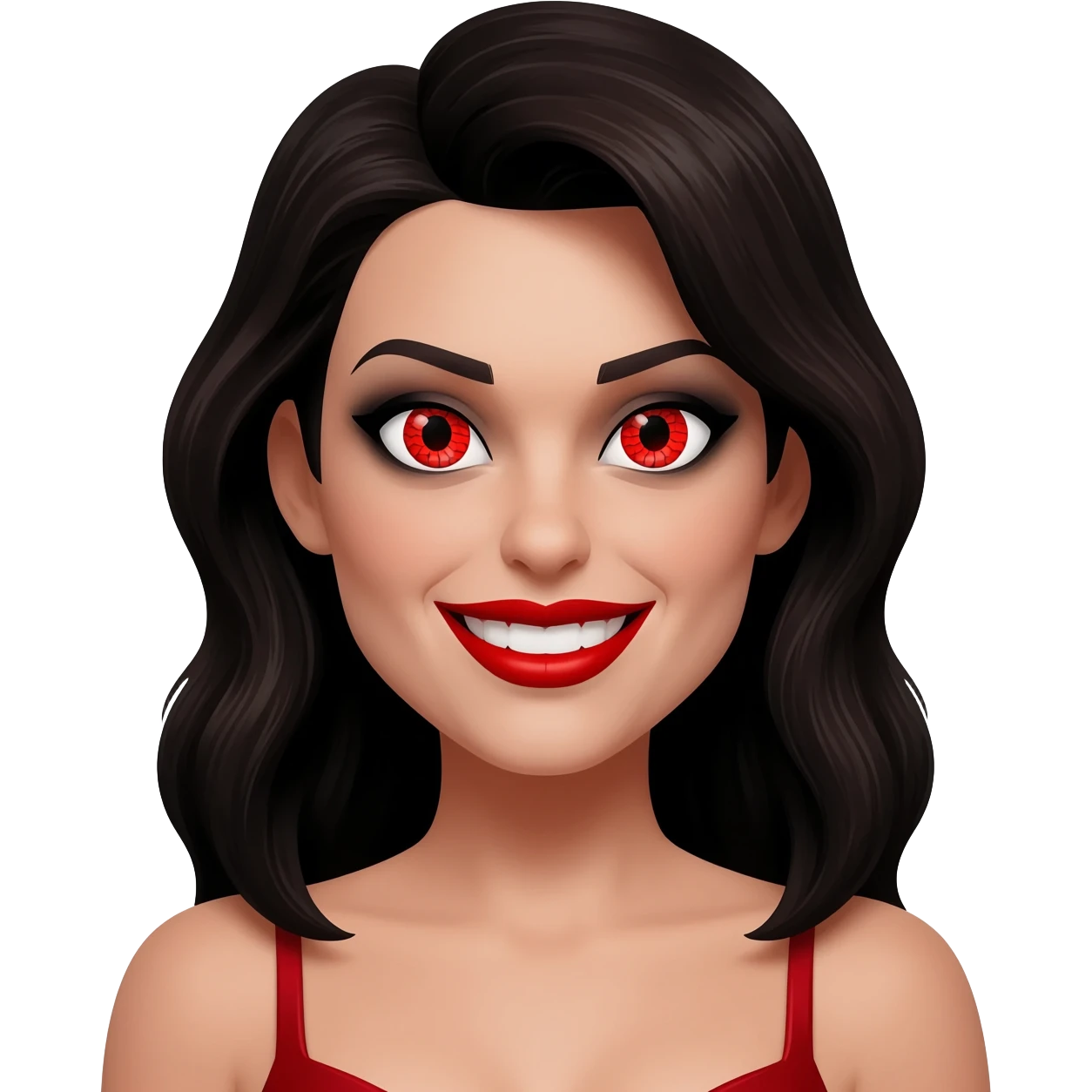 Prostitue with red snake eyes wearing red lipstick and has an evil smile emoji