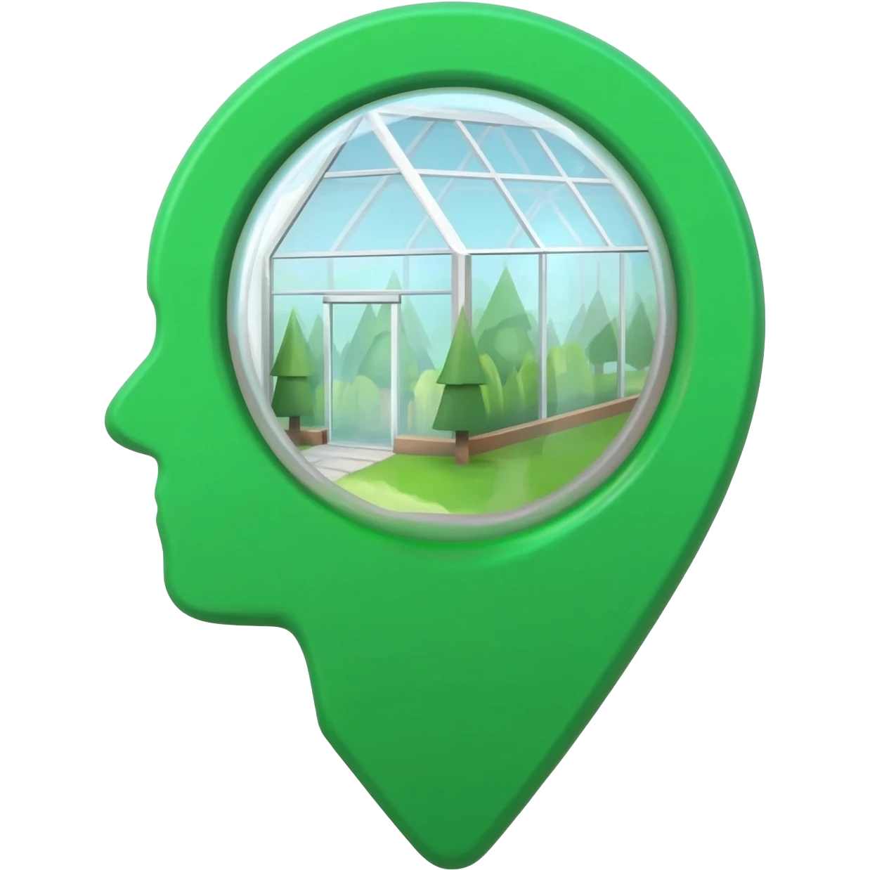Emoji de pin de localização inspirado na estufa do Jardim Botânico de Curitiba. Topo do pin com a curvatura da estufa de vidro. Estilo minimalista, verde e branco, design de emoji moderno, fundo transparente. emoji
