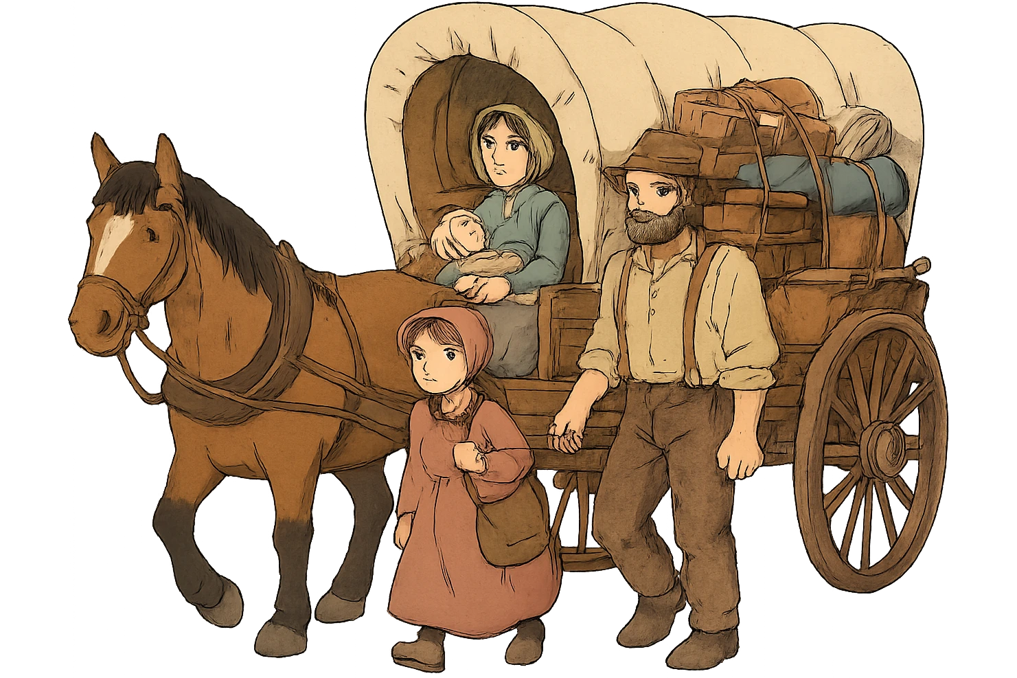 A poor American pioneer family in the 1840s setting out with a horse and wagon stuffed with their belongings to migrate to the American West. emoji