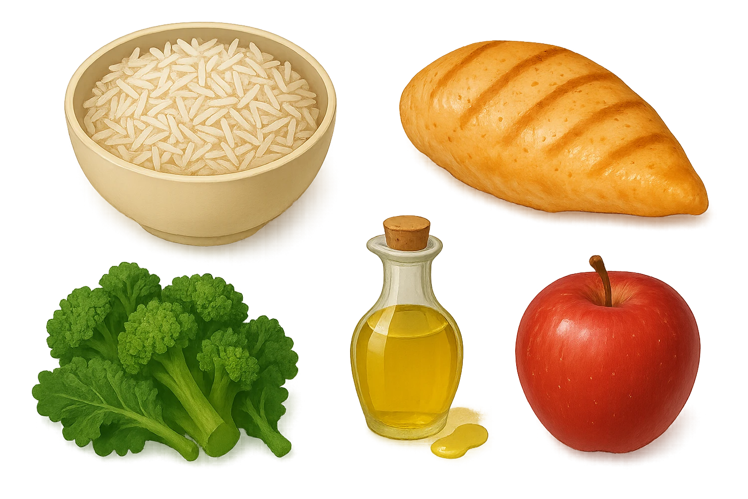 Riso basmati
Petto di pollo
Verdura fibrosa verde
Olio EVO
Mela emoji