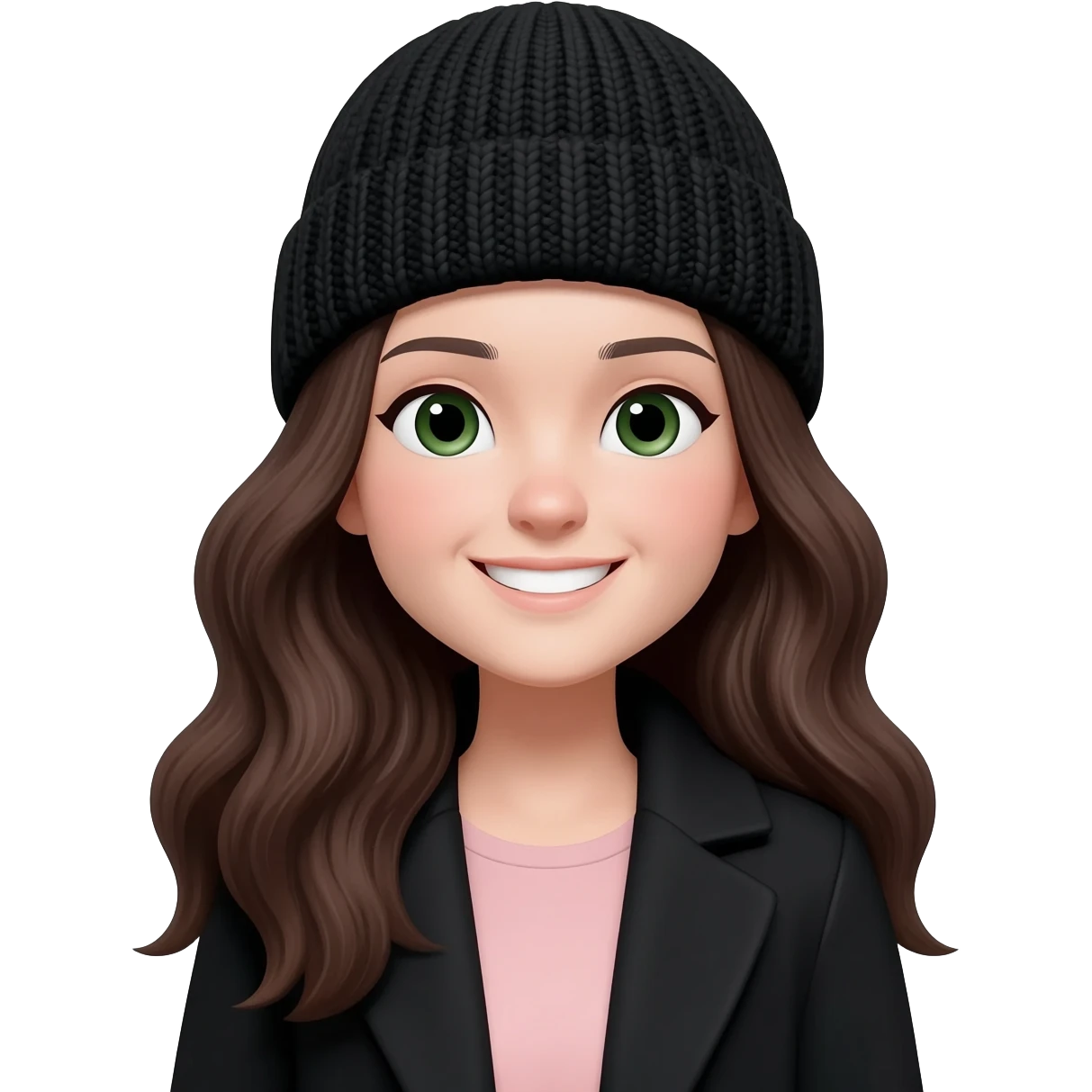 Create an emoji illustration of a smiling young woman with long, wavy dark brown hair and fair skin. Her face shape is oval and slightly round. She is wearing a black knit beanie and a black coat over a soft light pink top. She has dark green eyes and a natural smile. emoji