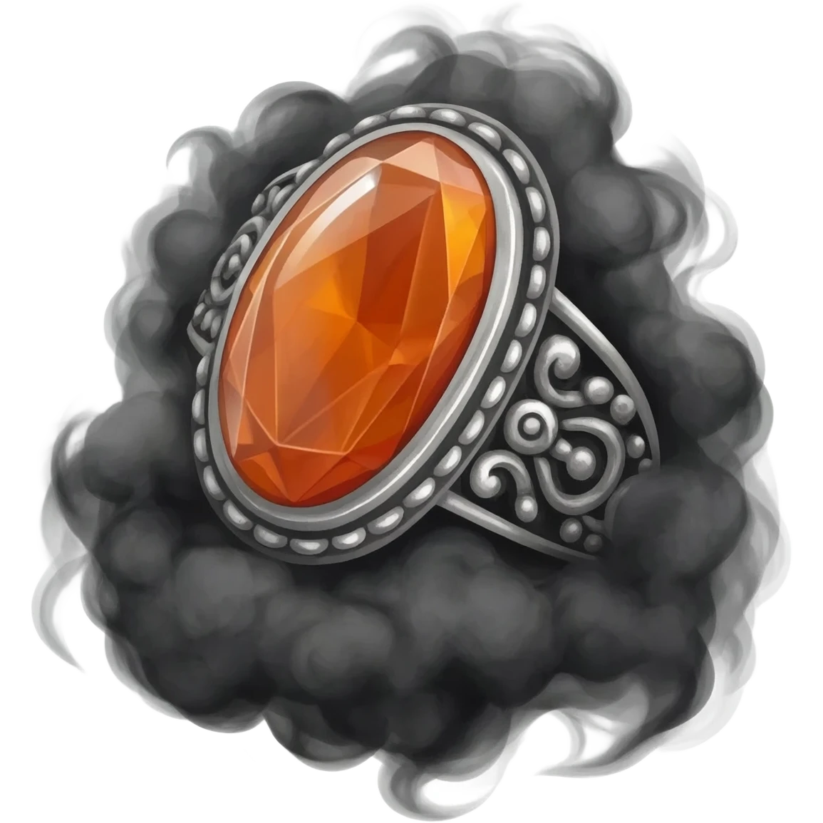 An orange gem ring, with silver designs. Make it dark, mysterious and occult. emoji