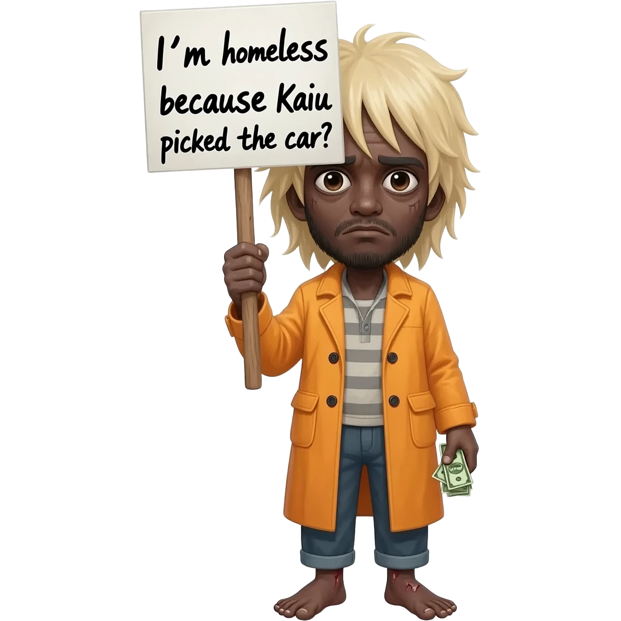 a weird ah emoji with nasty feet with long blond hair and  on them and he looks homelessand he is holding a sign that say I'm homeless because kaiu picked the car and he has zesty close and has raidys and he has a small stack of money and is super short and is black and has a super long toes emoji