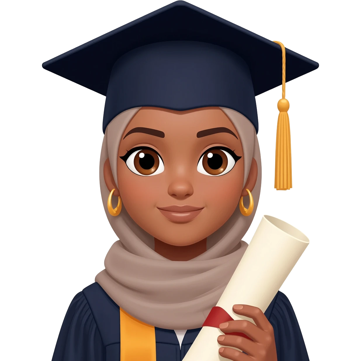 school graduation with a pretty female with hijab,  graduating student, brown eyes, big earrings and brown tan emoji