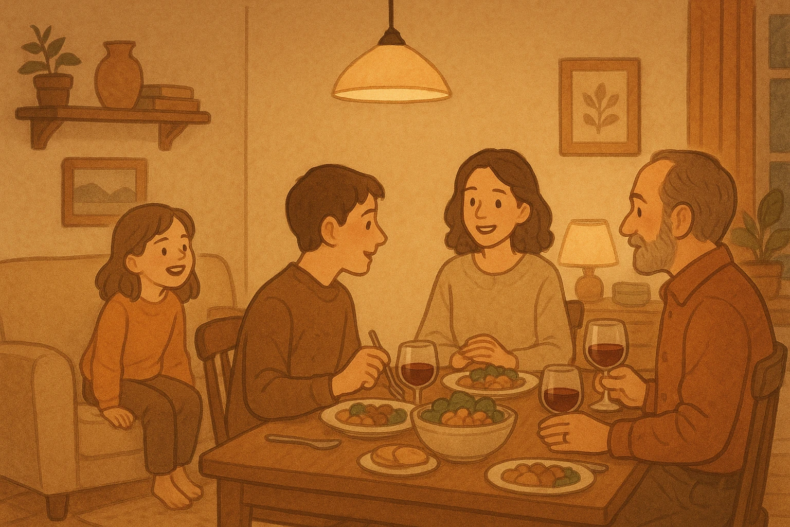 people gathered at a dinner table, with a girl sitting on a sofa nearby, talking, cozy home setting, illustration emoji