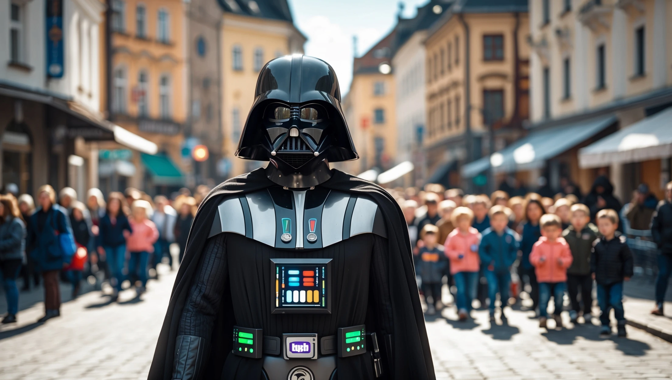 Cinematic still of a darth vader walk through poznan city down town, sunny day, crowd of baby yoadas around him, he is live streaming on twitch, we can see twitch chat ui, selfie camera holding in hand front camera emoji
