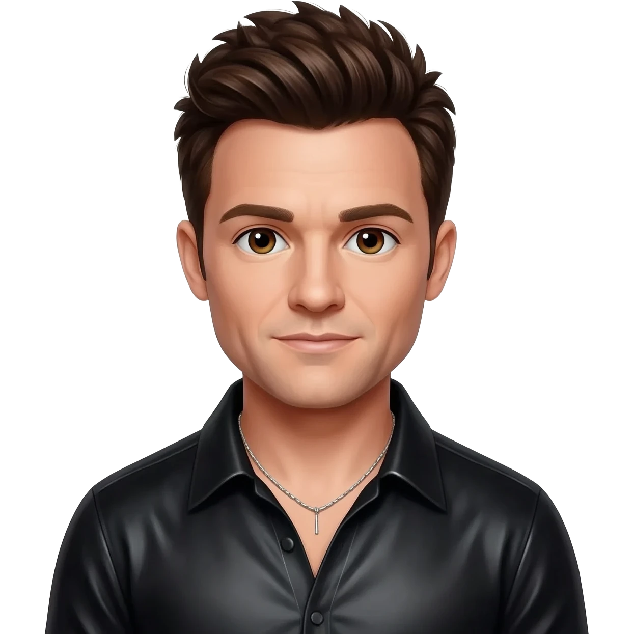 Shane Filan from Westlife with hazel eyes, dark brown hair, black metallic shirt, silver necklace emoji