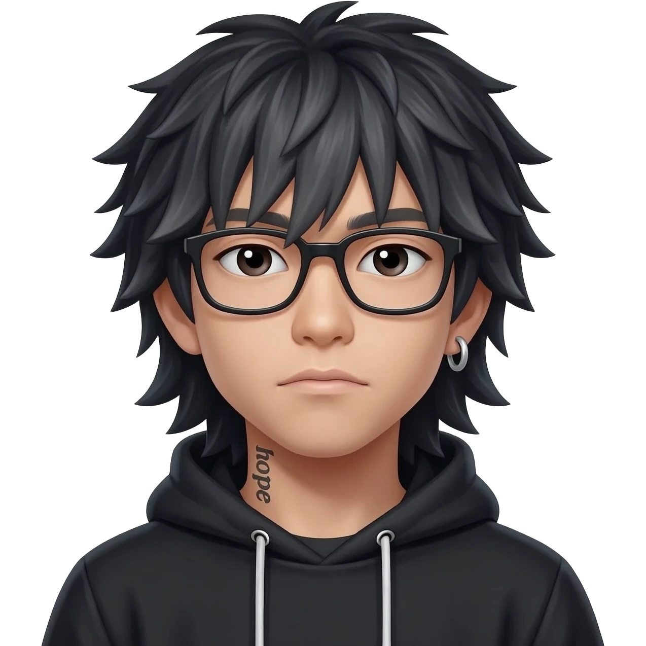 japan boy with spiky long hair and black hoodie zip one-sided earrings tattoo with the word "hope". cool face wear glasses emoji