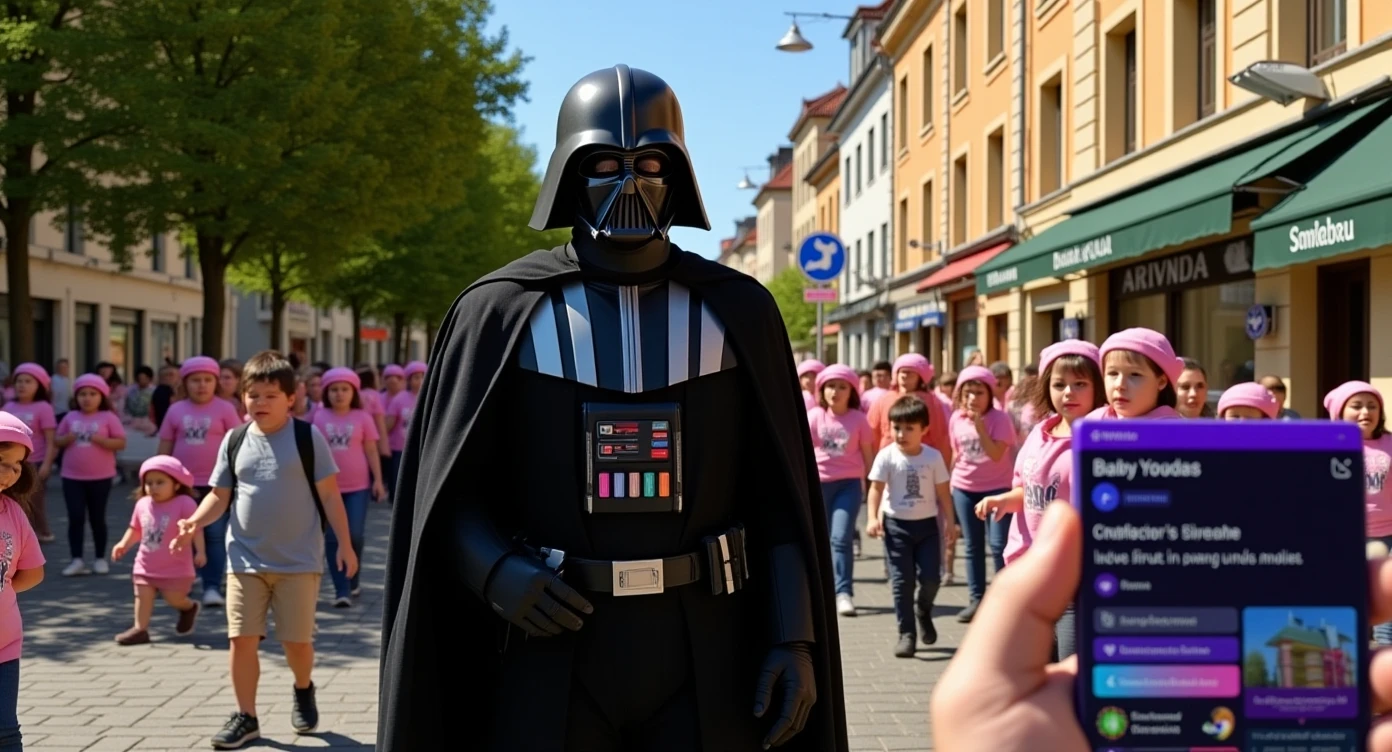Cinematic still of a darth vader walk through poznan city down town, sunny day, crowd of baby yoadas around him, he is live streaming on twitch, we can see twitch chat ui, selfie camera holding in hand front camera emoji