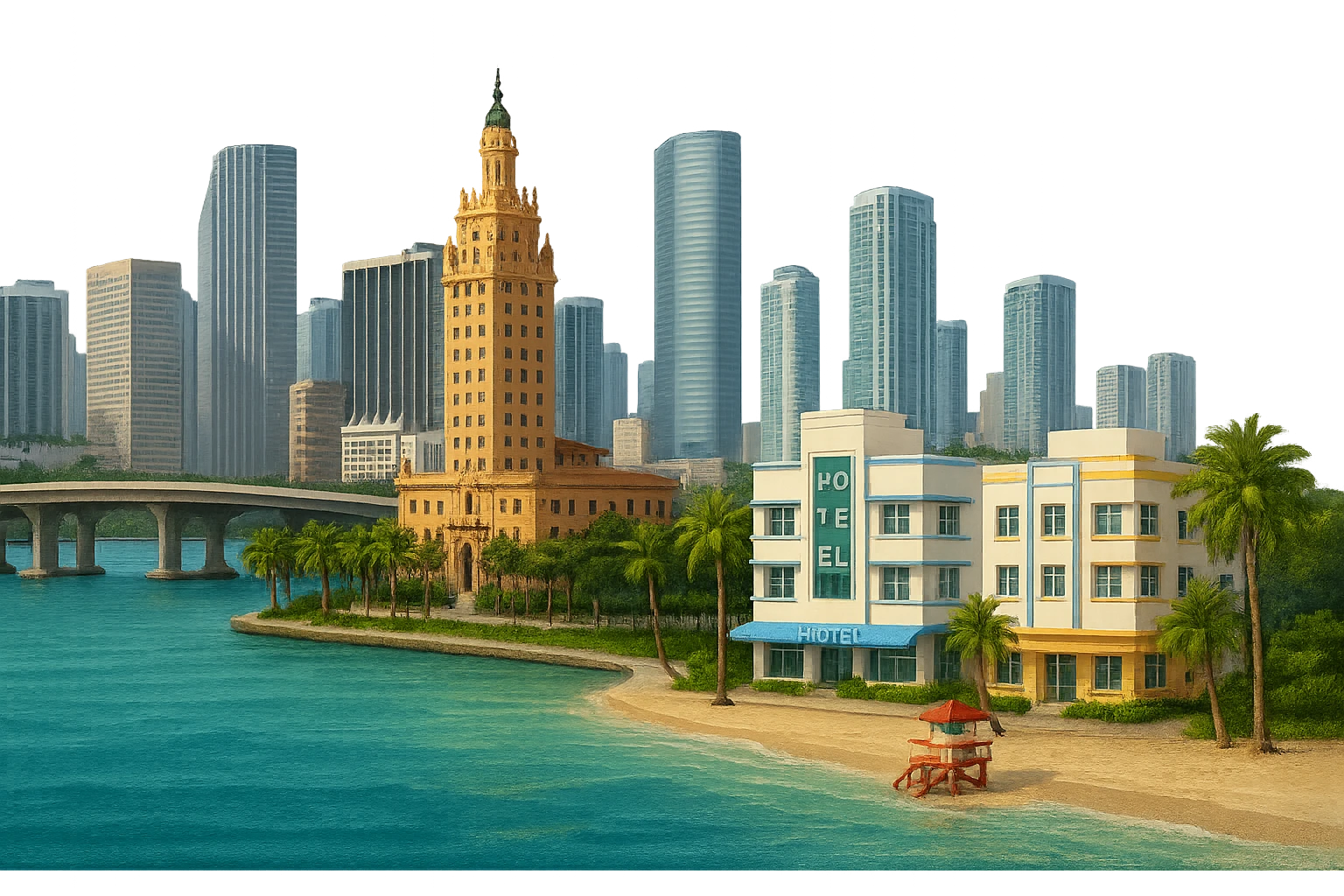 cinematic, realistic emoji of Miami, featuring a wide city view with iconic landmarks such as the Miami skyline, Freedom Tower, South Beach Art Deco buildings, and Biscayne Bay, with lifelike detail, accurate colors, bright daytime lighting, fully transparent background with no sky and no clouds emoji
