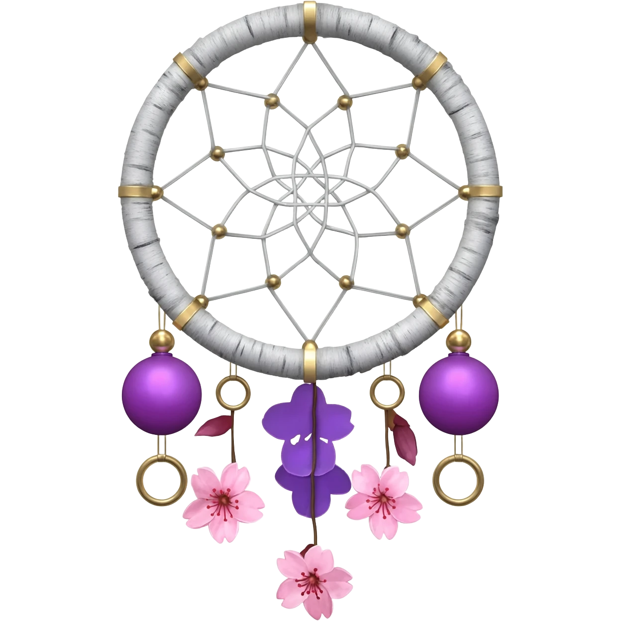 A white-birch-circle-framed Dreamcatcher. with purple-round-orbs, gold-rings hanging down. purple flowers, pink sakura flowers, emoji