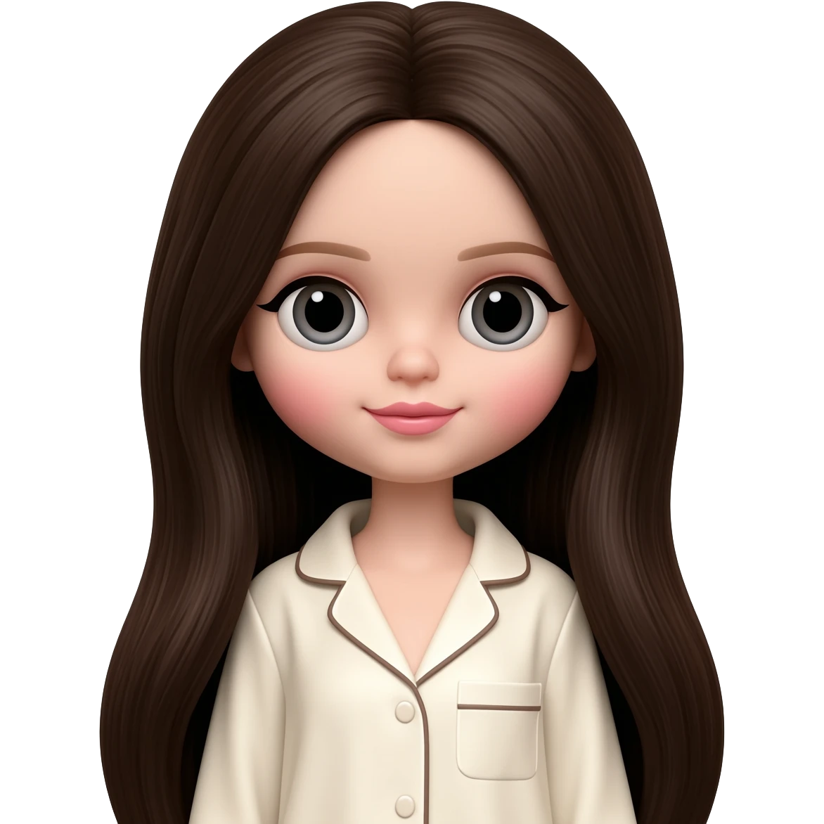 Make me an emoji that is wearing pajamas maker her a Blythe doll type emojiMake her hair longer Make her hair darker Make her hair a darker brown give her pale skin emoji