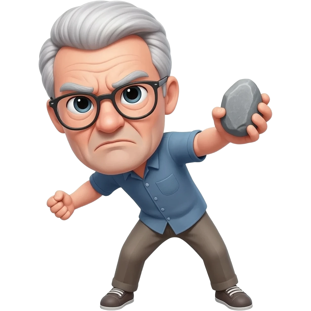Emoji cartoon, homem idoso de cabelo grisalho e óculos, jogando uma pedra, pose de arremesso, expressão séria engraçada, estilo meme, emoji redondo, cores vivas, traço limpo, fundo simples, estilo WhatsApp, alta qualidade. emoji