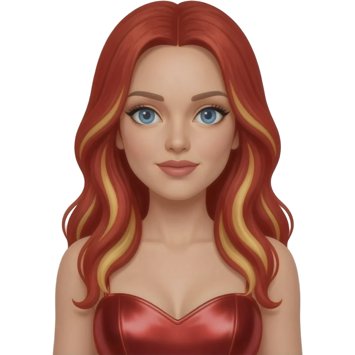 Ginger Spice from Spice Girls with blue eyes, long red hair with blonde highlights, red metallic sweetheart dress emoji