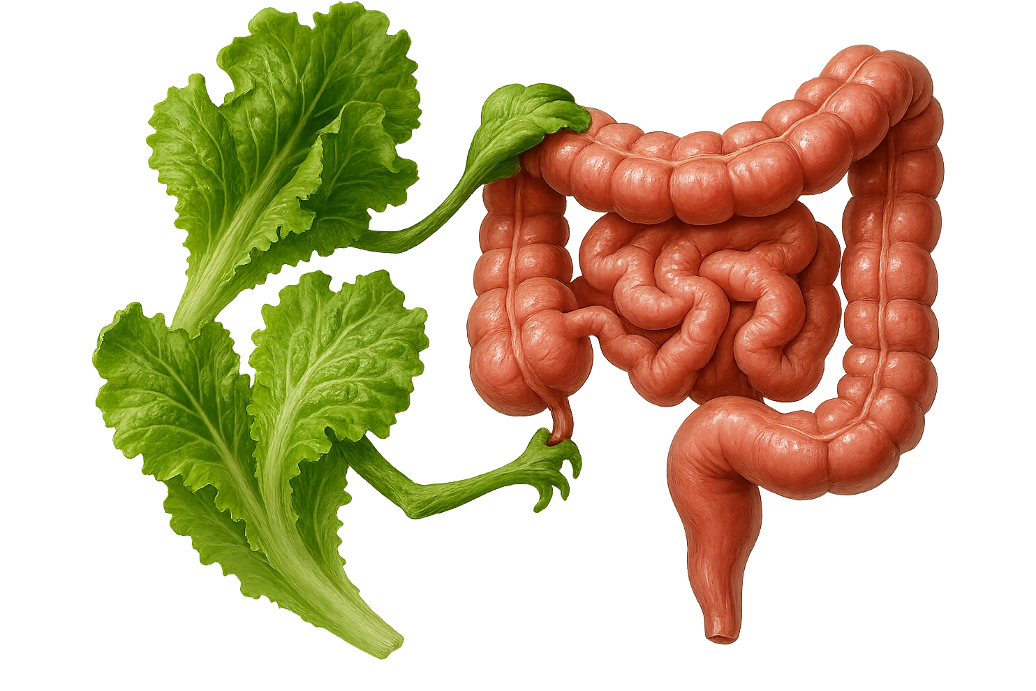 foglie di insalata che attaccano un intestino anatomico umano per distruggerlo, iperrealistico emoji