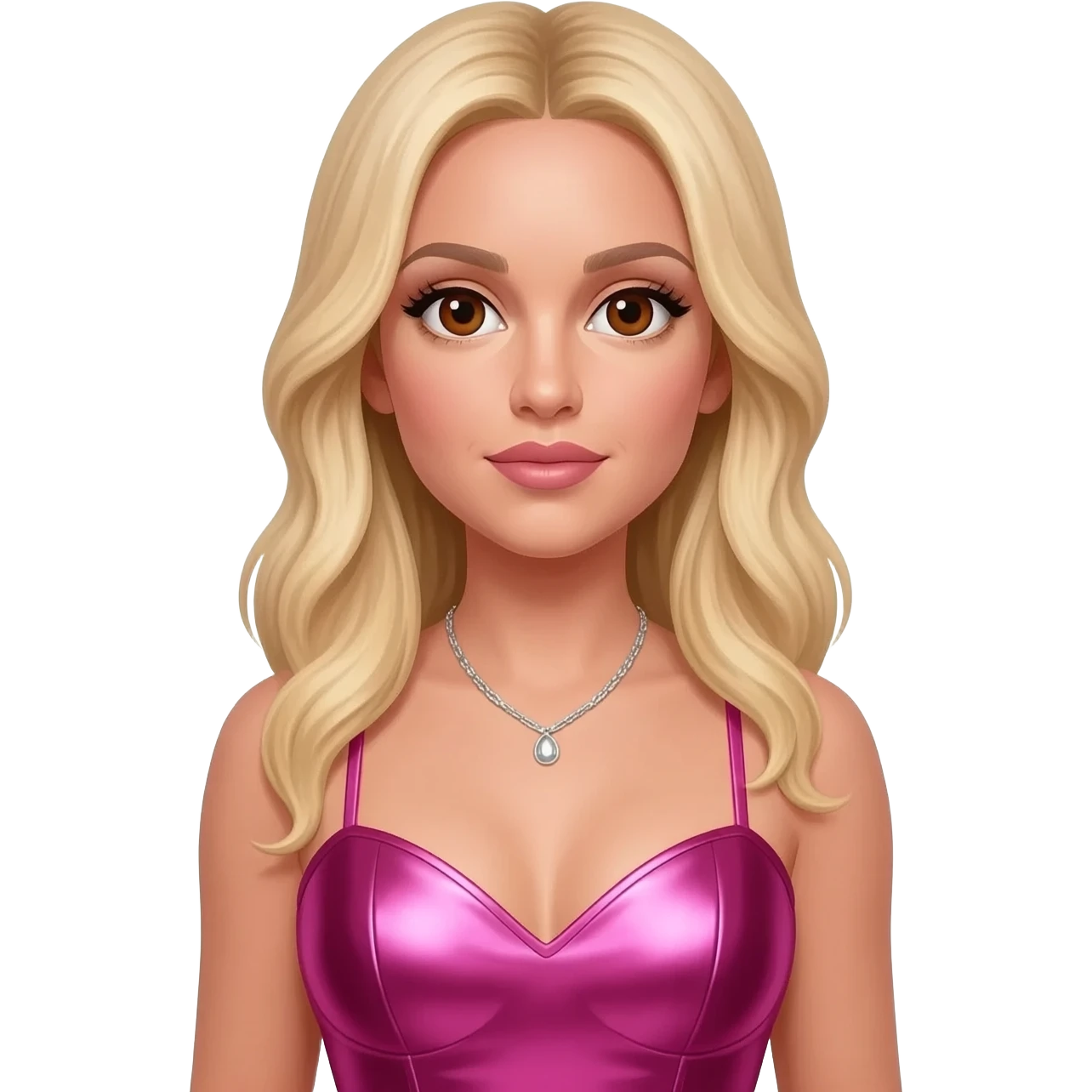 Britney Spears with brown eyes, long blonde hair, hot pink metallic sweetheart dress, silver necklace emoji