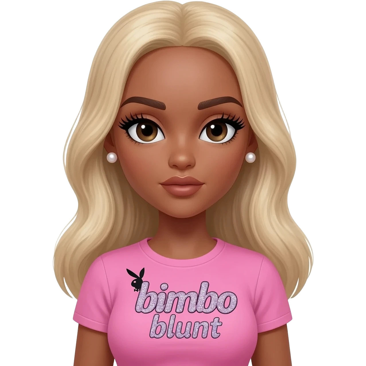 doll body , dark brown eyebrows, dark skin girl, pearl earrings stud, Long giant lashes, bimbo, black doll eyes, barbie, dark brown skin, with blonde hair, big breast, pink 2000s t shirt says on the sparkling text “bimbo blunt” on playboy logo emoji