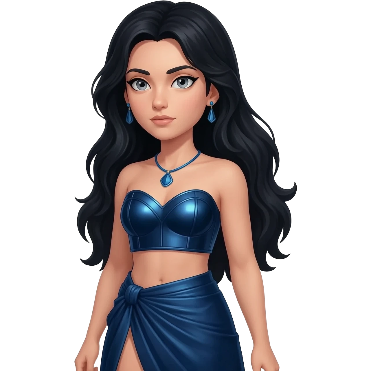 Athena from Greek Mythology with grey eyes, long black hair, dark blue metallic sweetheart crop top, dark blue metallic wrap long skirt, blue necklace and earrings emoji