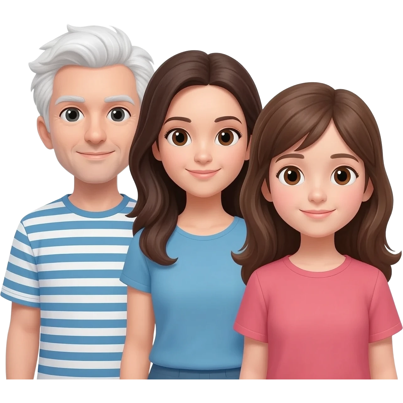 三人嘅emoji~男要白色頭髮~穿藍白橫條T卹一個女仕就攣頭髮長嘅~另一個少女就係啡色頭髮～平排一起面向鏡頭 emoji