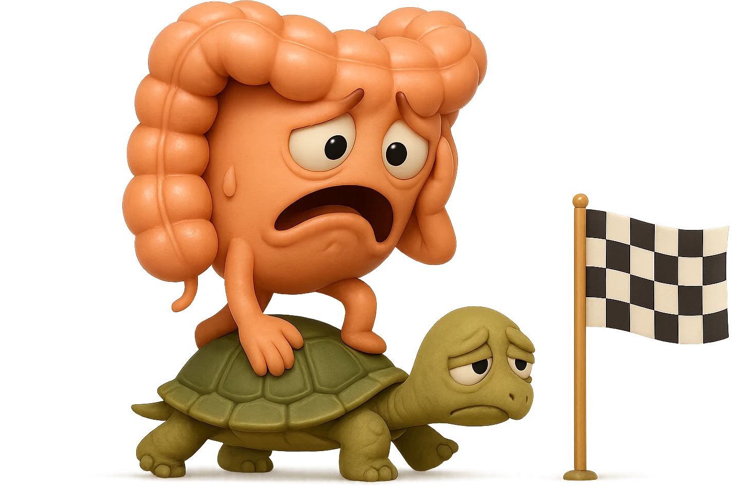  EMOJI STILE IPHONE 3D DI UN INTESTINO CON ESPRESSIONE ANGOSCIATA CHE CAMMINA SUL GUSCIO DI UNA TARTARUGA IN ATTESA ESTENUANTE DI RAGGIUNGERE UN TRAGUARDO POCO PIù AVANTI, SULLA LORO DESTRA. IL TRAGUARDO è UNA BANDIERA A DUE PIEDI CON FASCIA A SCACCHI BIANCHI E NERI. iperrealistico 4k emoji