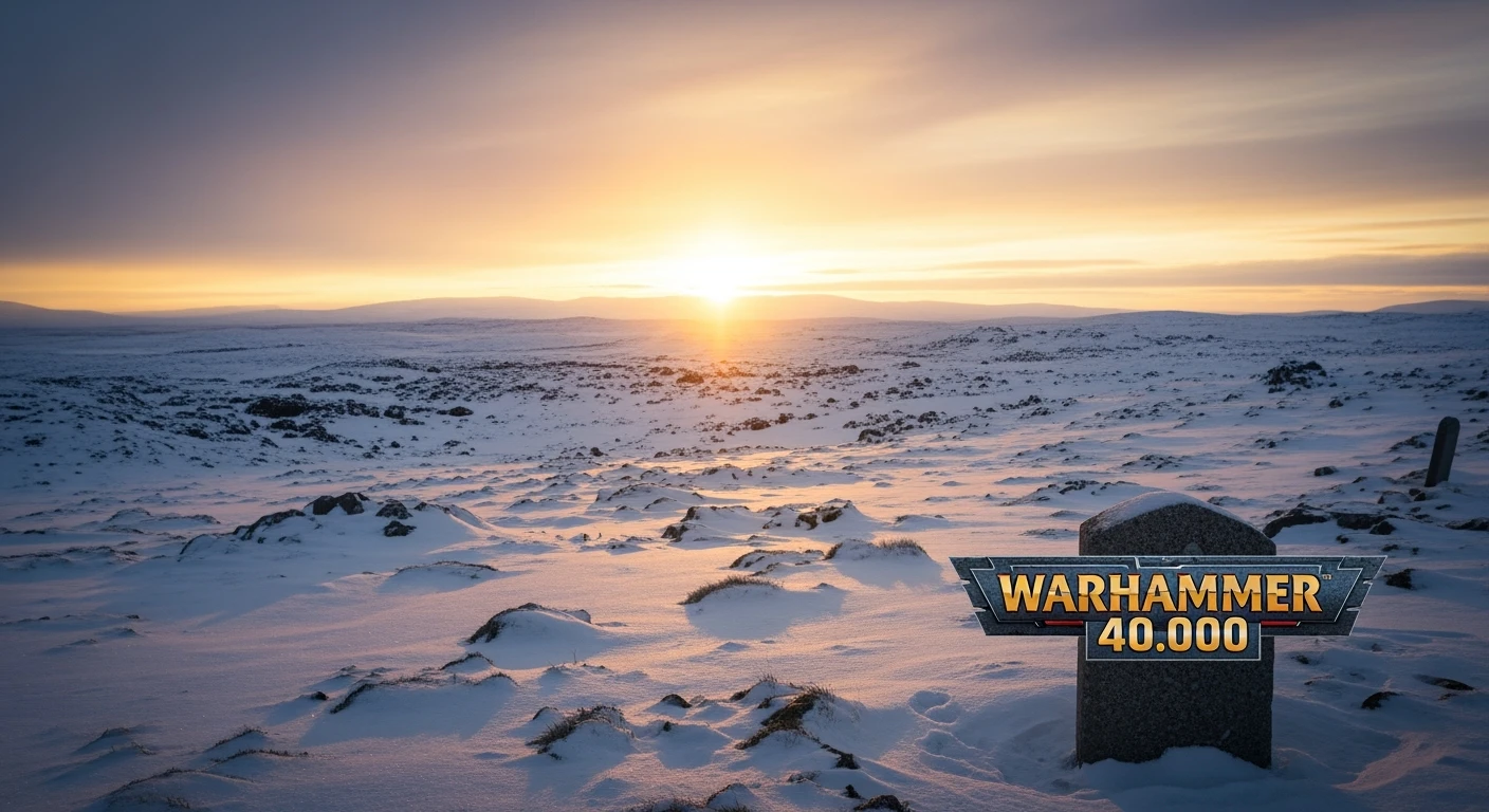 Cinematic, documentary photography, establishing shot, Warhammer 40.000 new title, in the style of snow scenes, ARRIFLEX 35 BL Camera, Canon K35 Prime Lenses, ethereal landscape, 70mm, dedication, Sunset, warm and vibrant colors, dedication emoji