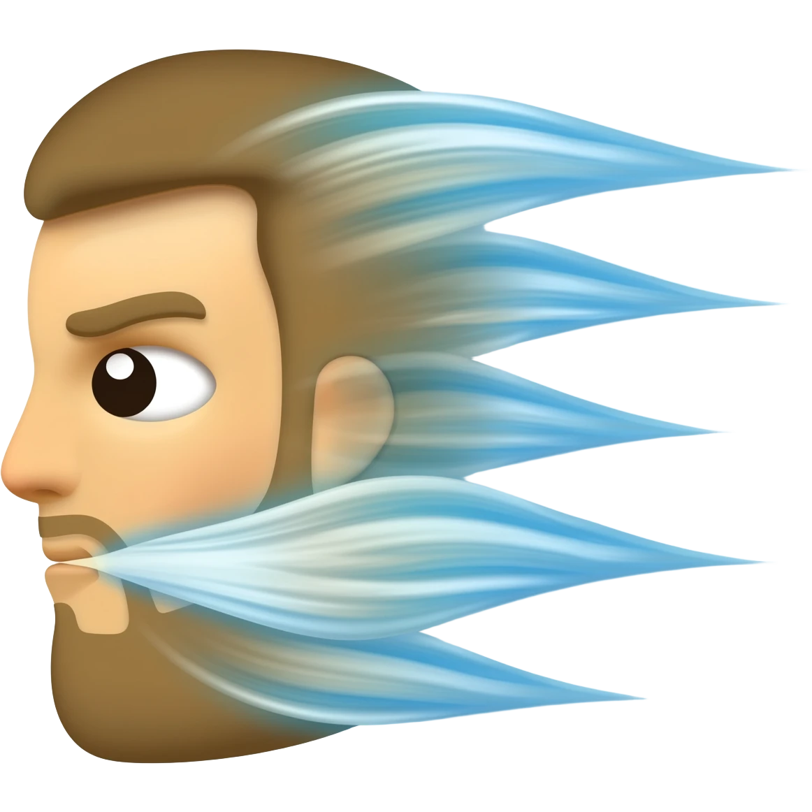 A high-resolution, stylized emoji illustration, in left-profile view, of a classic personified wind or "Boreas" face. A powerful stream of wind emanates from its puckered mouth, forming four distinct, swirling, light-blue-and-white stylized vapor trails that curl back on themselves. emoji