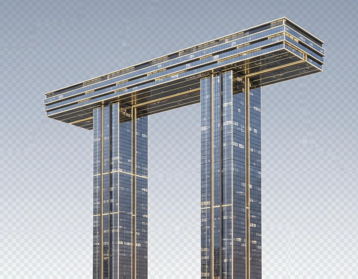 Стилизуй этот горизонтальный небоскреб под Москва-Сити с небольшим желтым свечением-подсветкой. Сделай его 2 стойки нереально высокими, расстояние между ними большое, не так близко они должны быть друг к другу, а верхнюю горизонтальную часть - длиннее

Фотореализм. Прозрачный фон emoji