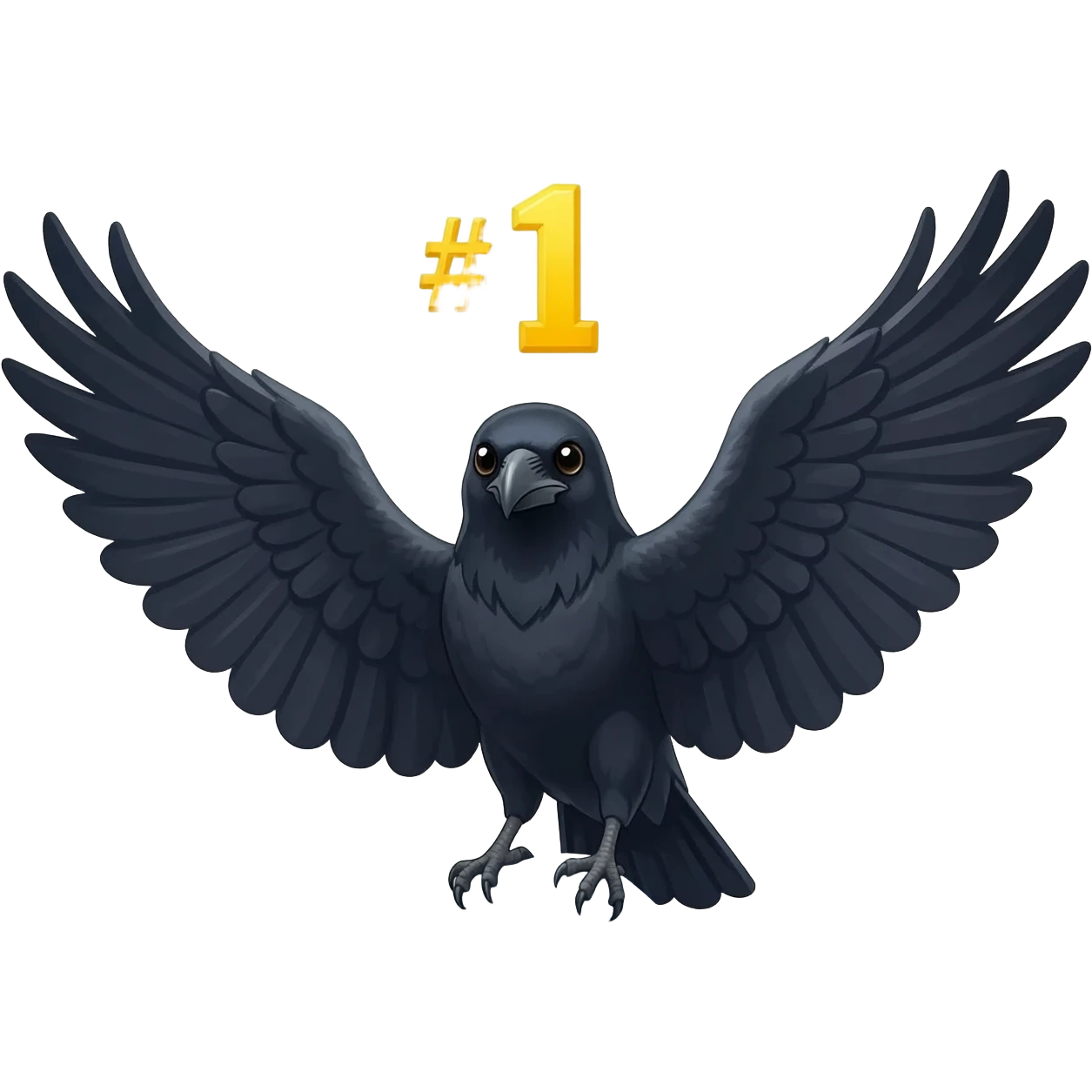 A raven perched confidently on a mountain peak icon, wings spread in victory, a glowing gold "#1" floating above its head emoji