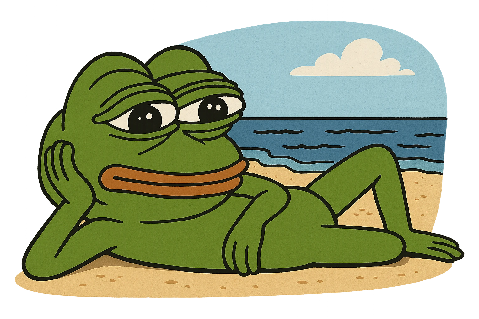 3D Pepe the Frog lying down near the beach, transparent background, PNG emoji