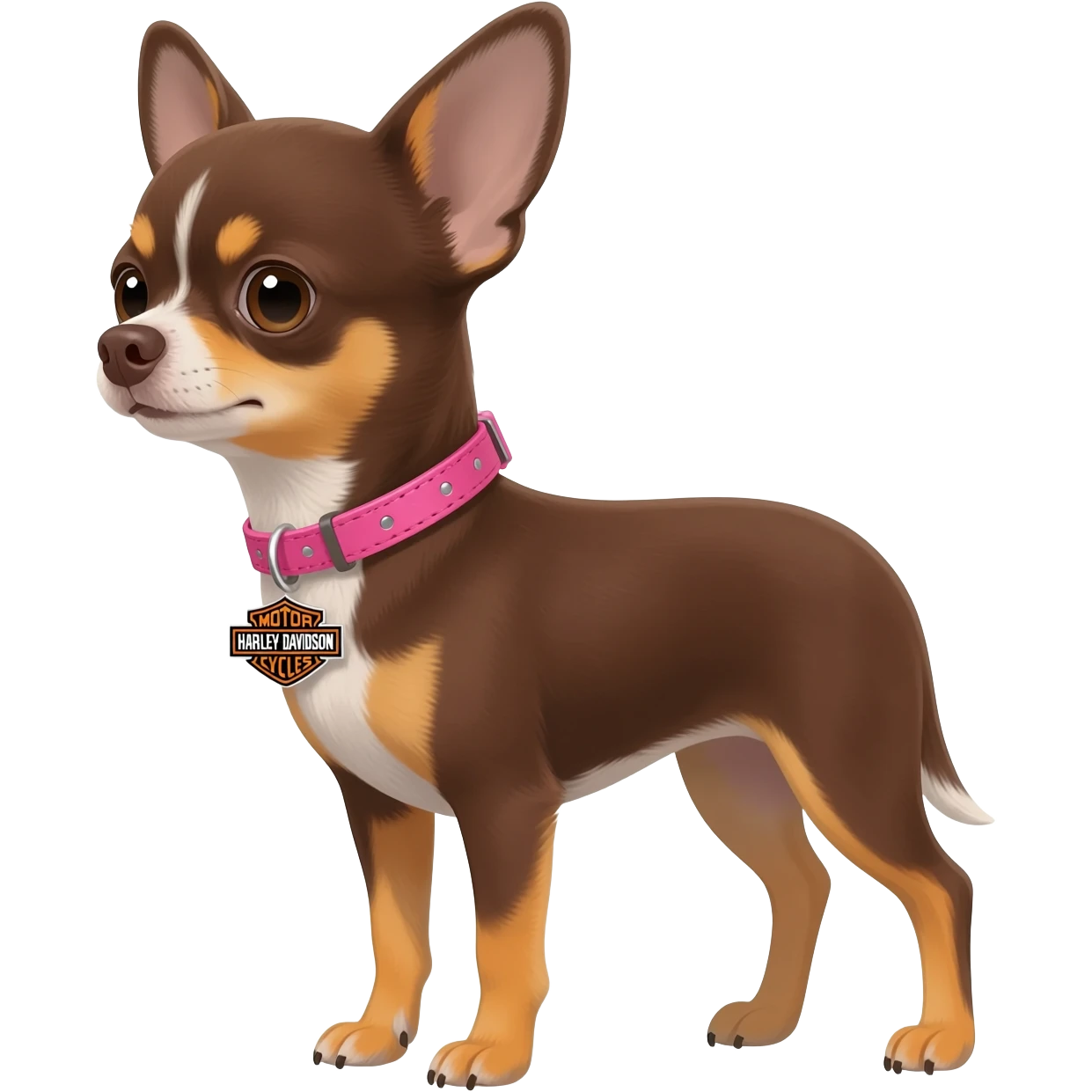 Little cute brown and tan applehead chihuahua with a pink Harley Davidson collar on her name isPixie emoji