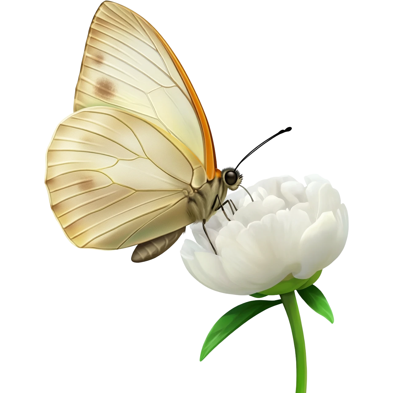 A beautiful light beige butterfly sits on a white peony emoji