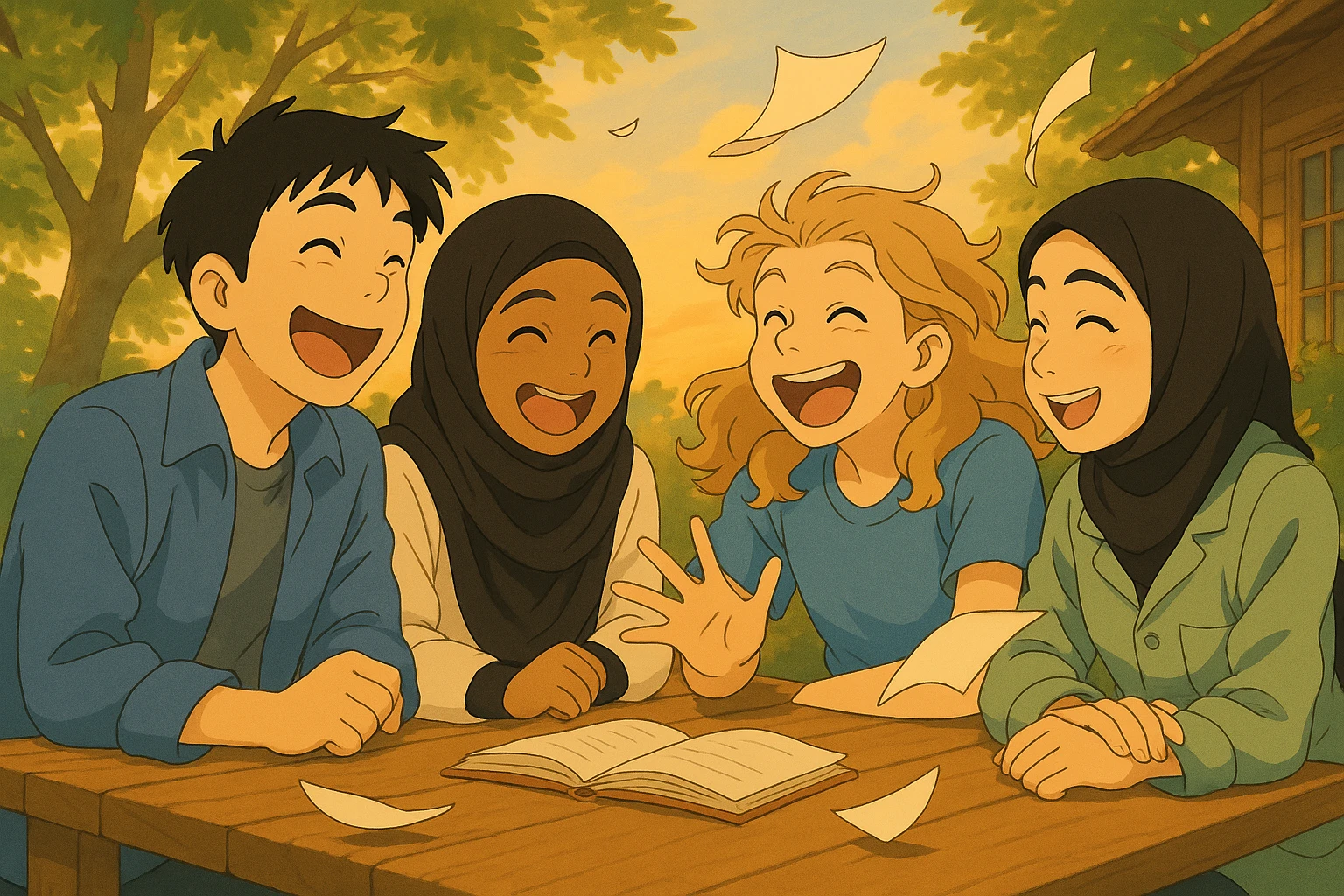 Les personnages rient, le vent fait bouger les arbres et les pages du livre volent, tout en même temps, style ghibli, même composition que l'image de référence. emoji