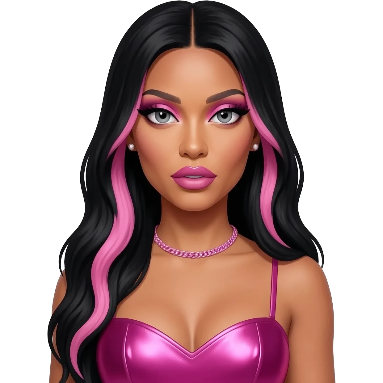 Nicki Minaj with grey eyes, long black hair with pink highlights, pink eyeshadow and lipstick, hot pink metallic sweetheart dress, pink necklace and short earrings emoji